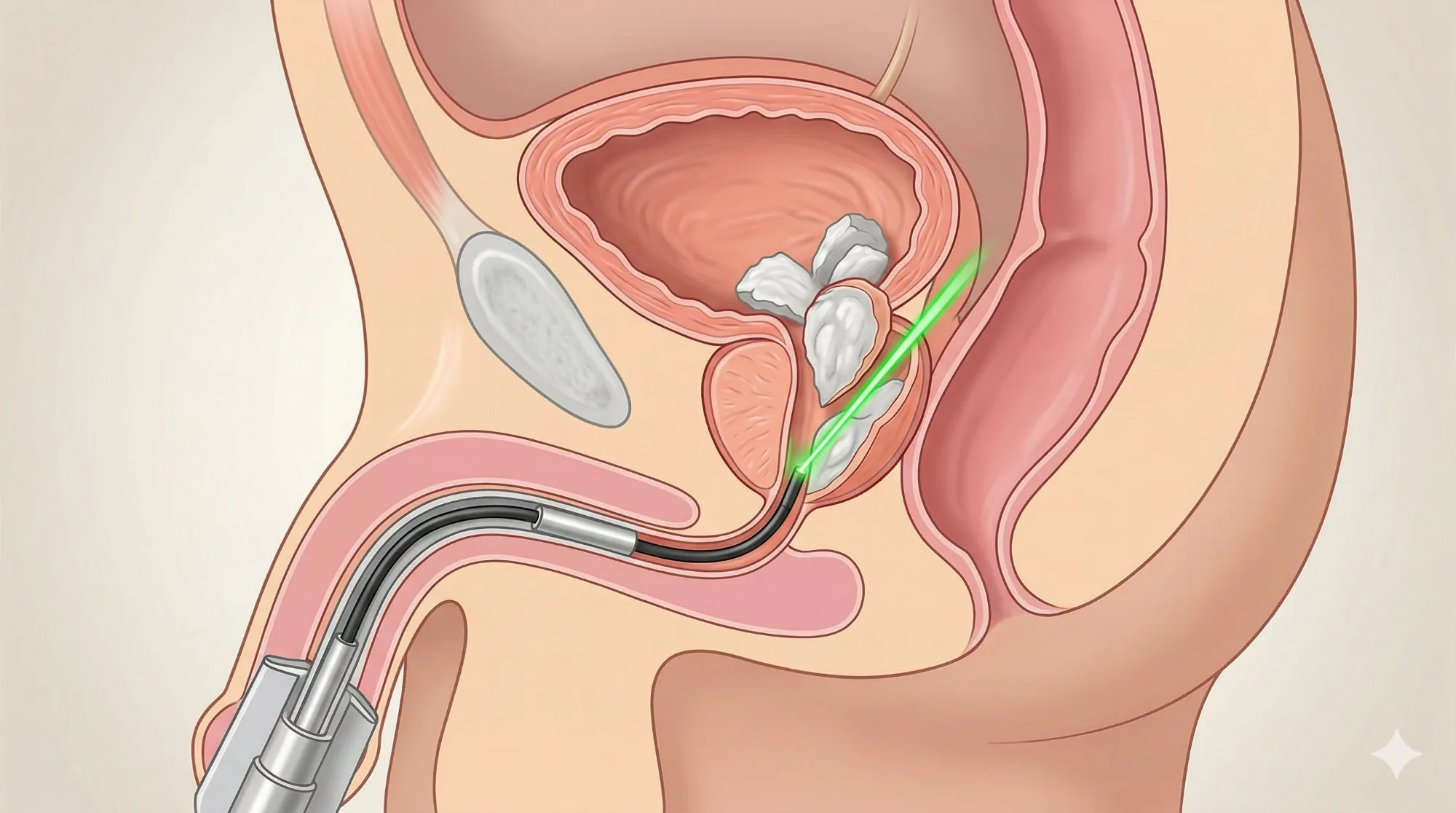 Ilustração do procedimento HoLEP com laser Holmium na próstata