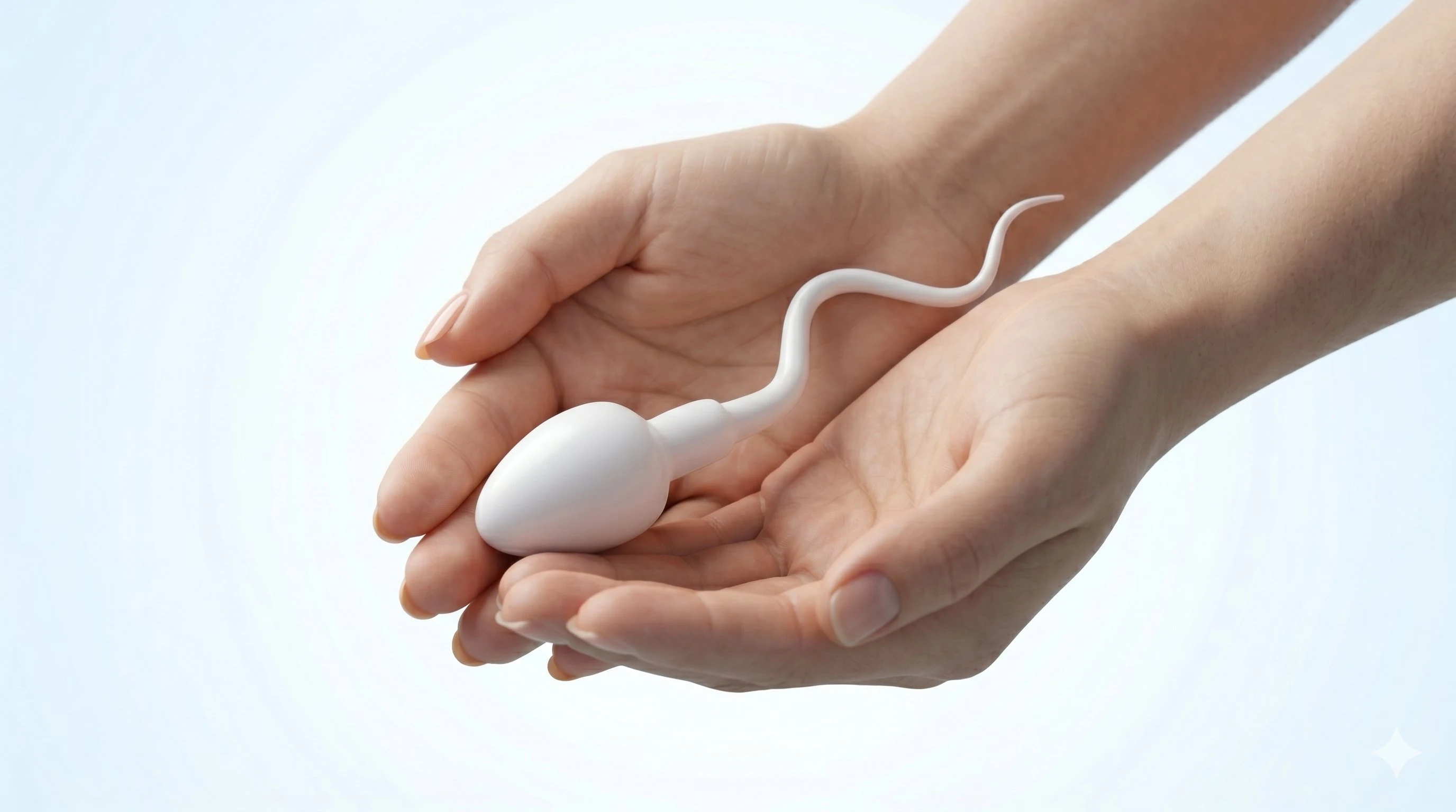 Duas mãos segurando escultura de espermatozoide, representando infertilidade masculina