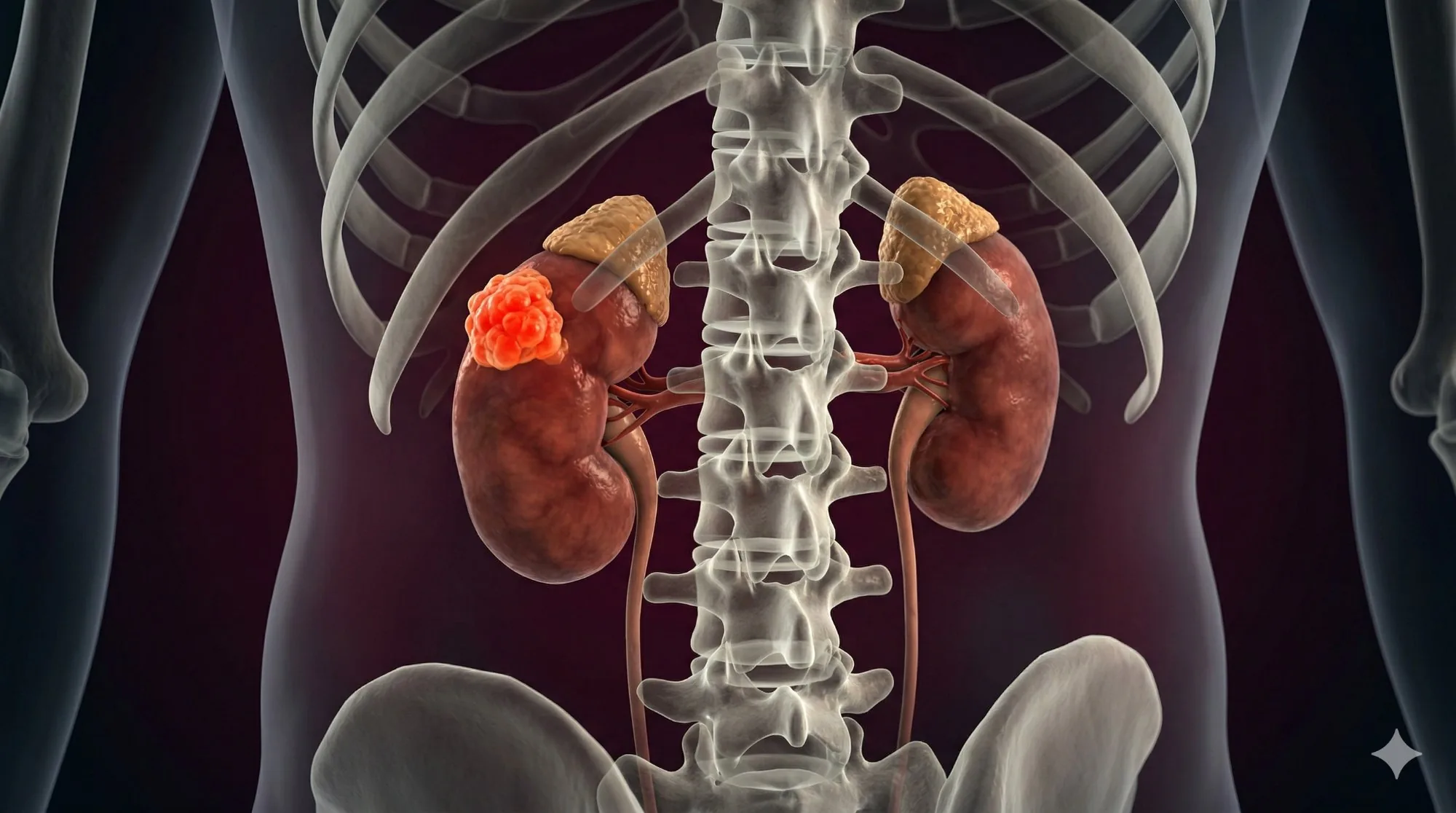 Ilustração 3D dos rins com tumor renal destacado em laranja