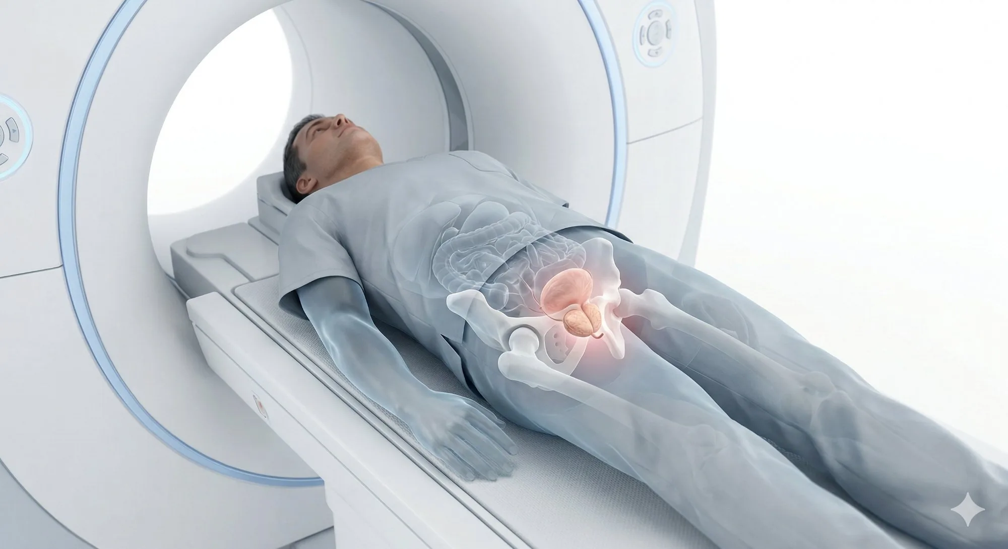 Paciente em aparelho de ressonância magnética com próstata visível