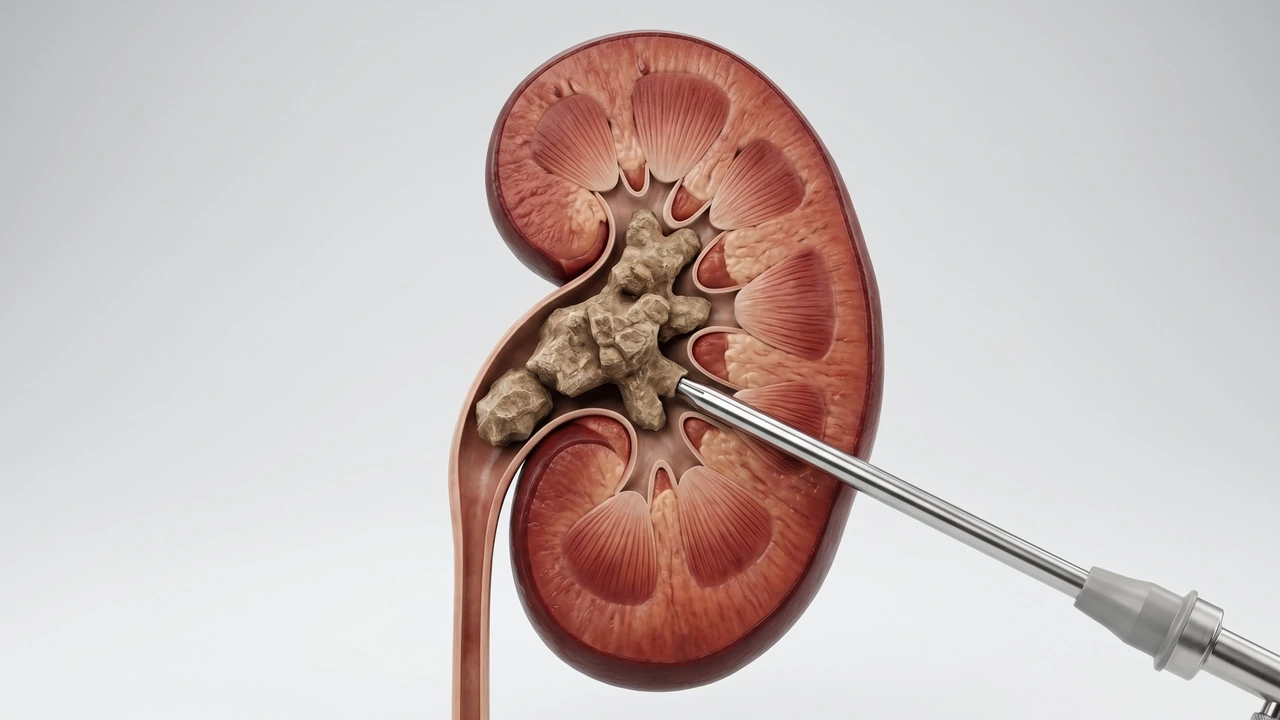 Ilustra&ccedil;&atilde;o 3D de rim em corte com c&aacute;lculo coraliforme e nefrosc&oacute;pio r&iacute;gido acessando a pelve renal