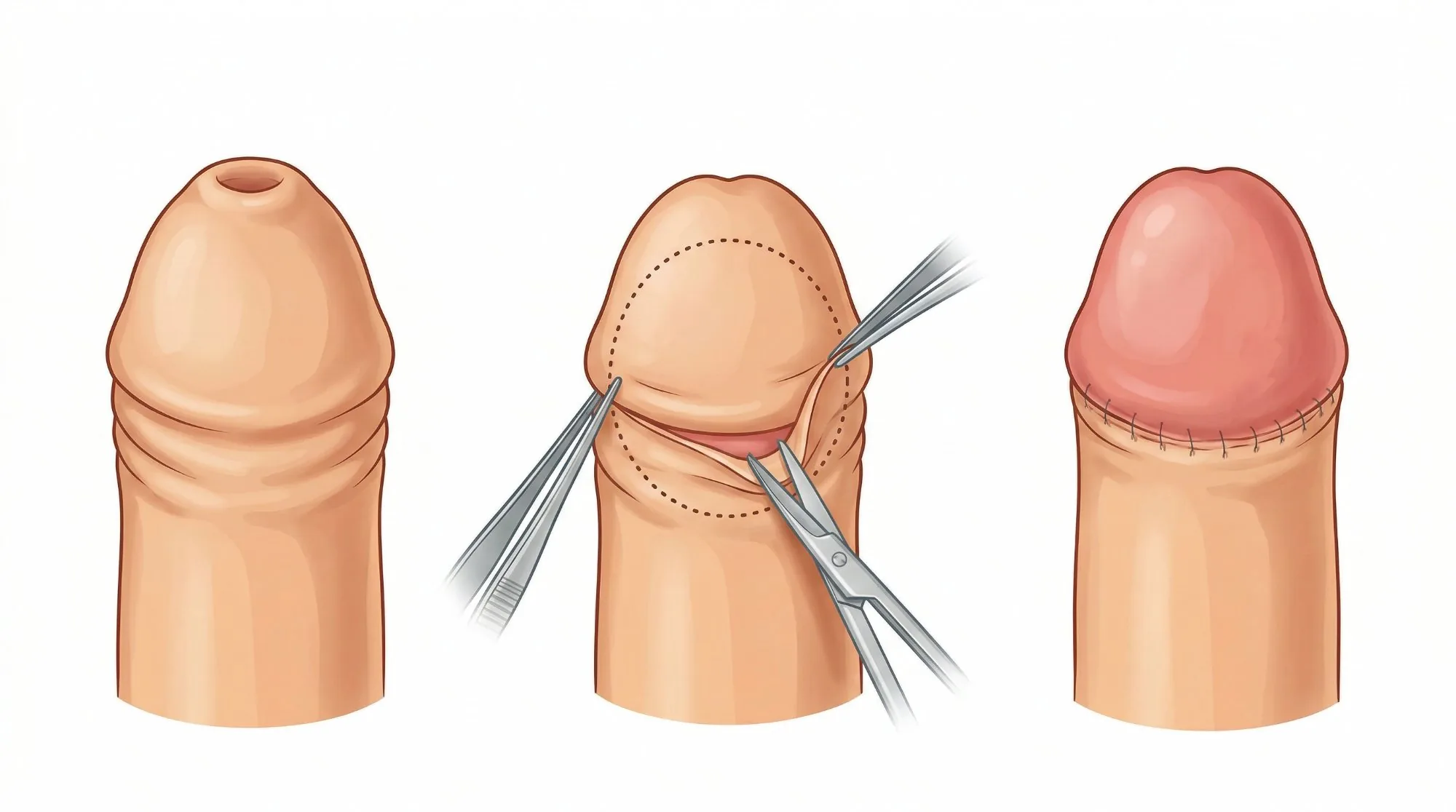 Ilustração médica em três etapas da postectomia