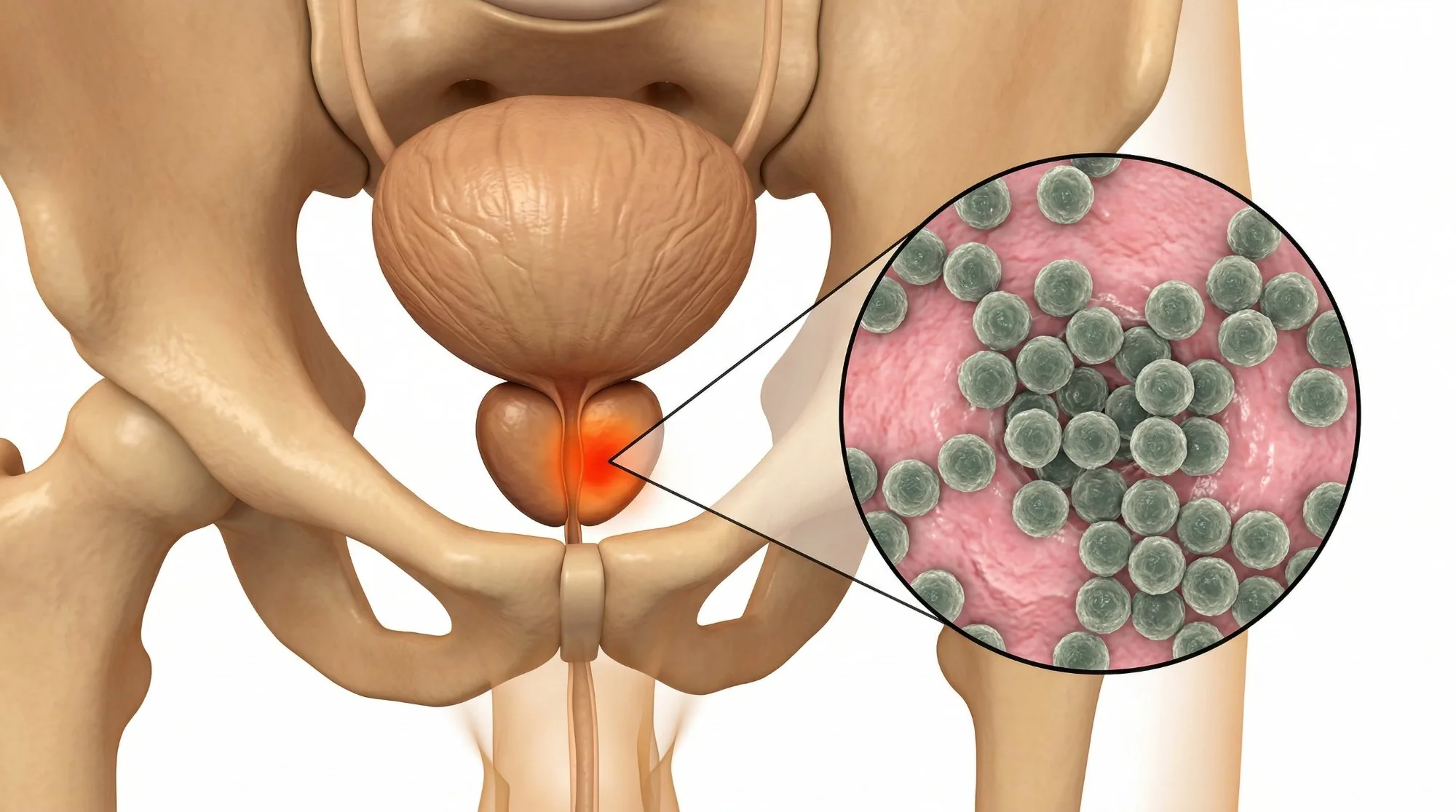 Ilustração 3D de próstata com tumor e ampliação das células cancerosas