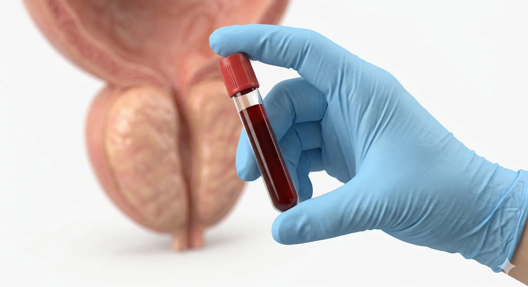 Mão com luva azul segurando tubo de sangue com próstata ao fundo